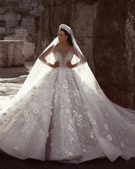 Gorgeous Ivory Wedding Dress Tulle Beaded Bridal Dress with 3D Flowers