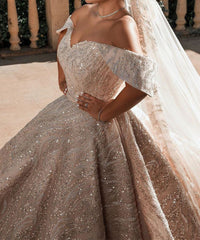 Luxurious Off The Shoulder Sequins Ball Gowns For Women A Line Satin Wedding Dress