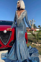 Luxurious Sequins Long Sleevess Mermaid Sheer Neckline Prom Dress