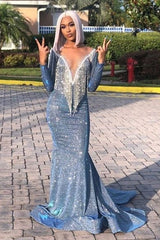 Luxurious Sequins Long Sleevess Mermaid Sheer Neckline Prom Dress