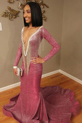 Luxurious Sequins Long Sleevess Mermaid Sheer Neckline Prom Dress