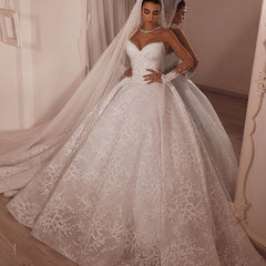 Luxurious Sparkly Beaded Ball Gown Tulle Lace Illusion Neck Wedding Dress