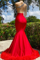 Mermaid Asymmetrical Appliques Lace Sequined Open Back One Shoulder Floor Length Sleeveless Prom Dress With Feather