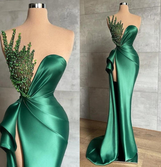 Mermaid Asymmetrical High Split Beaded Floor Length Sleeveless Prom Dress