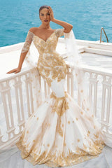 Mermaid Wedding Dress Gold Appliques Half Sleeve Cape