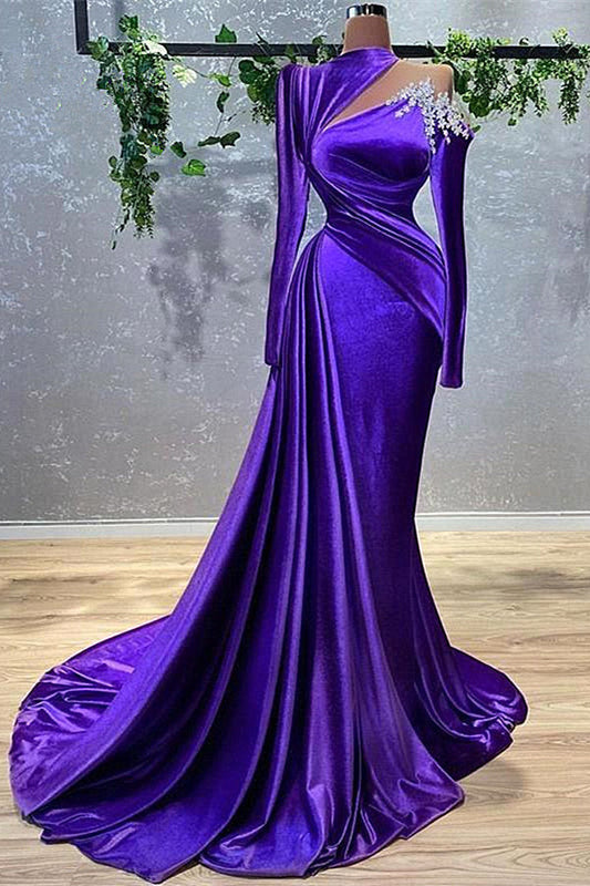 Mermaid High Neck Asymmetrical Floor Length Long Sleeve Flower Prom Dress