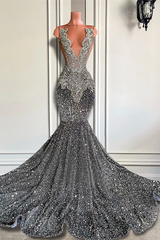 Mermaid Jewel Sequined Floor Length Sleeveless Appliques Lace Prom Dress