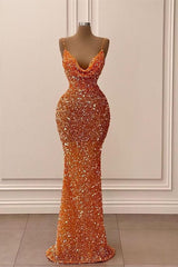 Mermaid Spaghetti Strap Sequined Floor Length Sleeveless Elegant Prom Dress