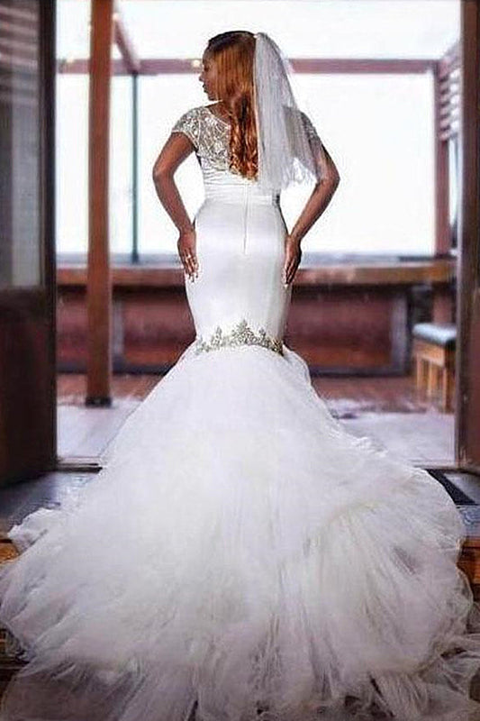 Ivory Mermaid Wedding Dress Satin Lace Tulle Beaded Bridal Dress