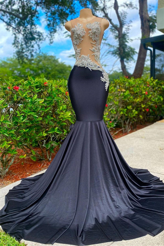 Mermaid V Neck Appliques Lace Sequined Open Back One Shoulder Floor Length Sleeveless Prom Dress