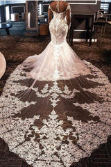 Ivory Wedding Dress Mermaid Long Sleeves Tulle Beaded Appliques Bridal Dress