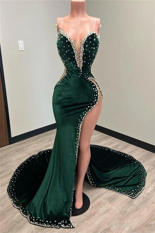 Mermaid V Neck Spaghetti Strap Beaded High Split Floor Length Sleeveless Prom Dress