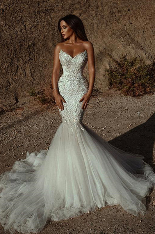 Ivory Sweetheart Wedding Dress Mermaid Tulle Apppliques Bridal Dress