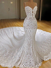 Ivory Wedding Dress Mermaid Spaghetti Straps Appliques Bridal Dress