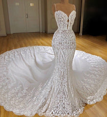 Ivory Wedding Dress Mermaid Spaghetti Straps Appliques Bridal Dress