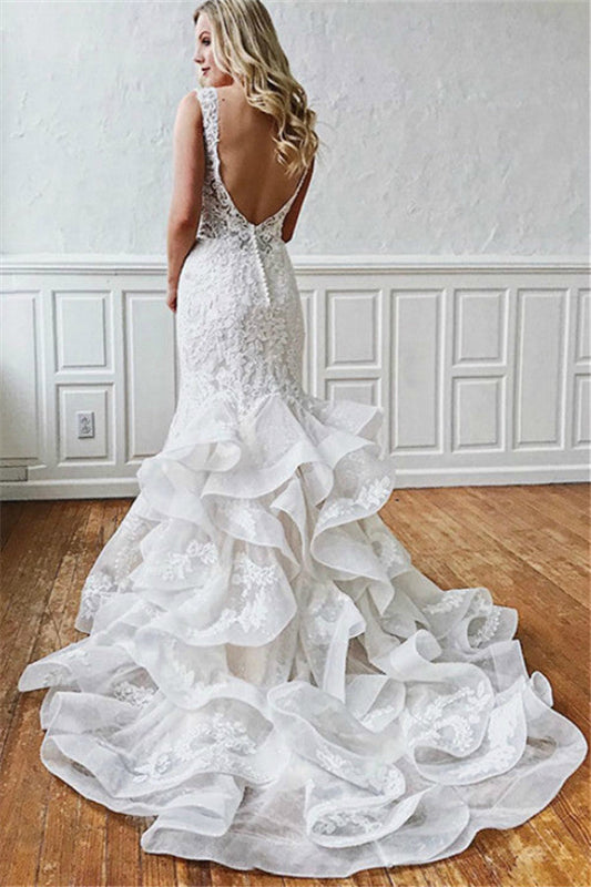 Ivory Wedding Dress V Neck Mermaid Tulle Appliques Bridal Dress