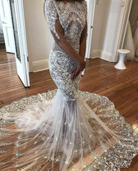 Mermaid Long Sleeve Lace Tulle Wedding Dress Tulle Bridal Dress