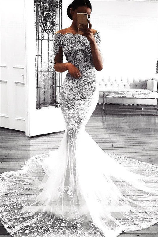 Mermaid Long Sleeve Lace Tulle Wedding Dress Tulle Bridal Dress