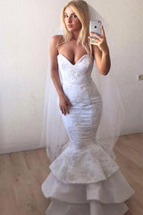 Sweetheart White Lace Appliques Mermaid Ruffled Long Wedding Dress