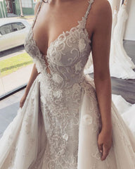 Ivory V Neck Lace Wedding Dress Mermaid Tulle Bridal Dress with Panel Train