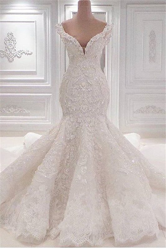 Mermaid Wedding Dress V Neck Beaded Lace Appliques Bridal Dress