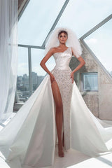 White Wedding Dress One Shoulder Mermaid Bridal Dress with Panel Train