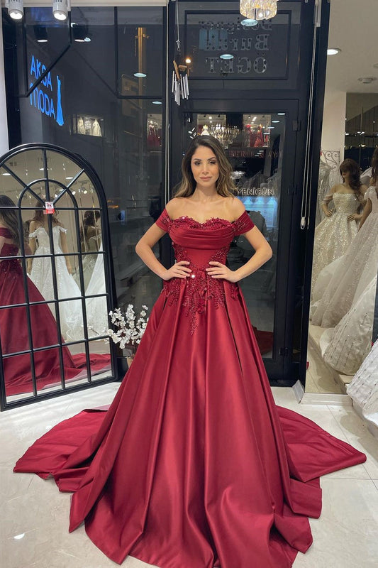 Burgundy Wedding Dress Off The Shoulder A Line Bridal Dress With Appliques