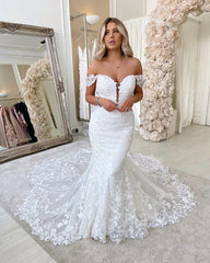 Off The Shoulder Mermaid Appliques Wedding Dress Lace Tulle Backless Bridal Dress