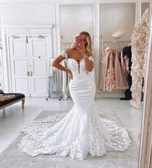 Off The Shoulder Mermaid Appliques Wedding Dress Lace Tulle Backless Bridal Dress