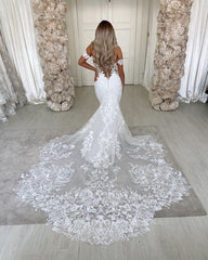 Off The Shoulder Mermaid Appliques Wedding Dress Lace Tulle Backless Bridal Dress