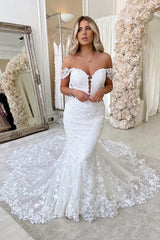 Off The Shoulder Mermaid Appliques Wedding Dress Lace Tulle Backless Bridal Dress