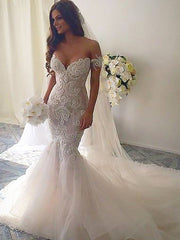 Off The Shoulder Sleeveless Mermaid Tulle Chapel Train Wedding Dress