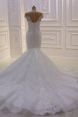 Off The Shoulder Sweetheart White Lace Appliques Tulle Mermaid Wedding Dress