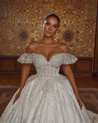 Off The Shoulder A-line Ball Gown Beaded Wedding Dress