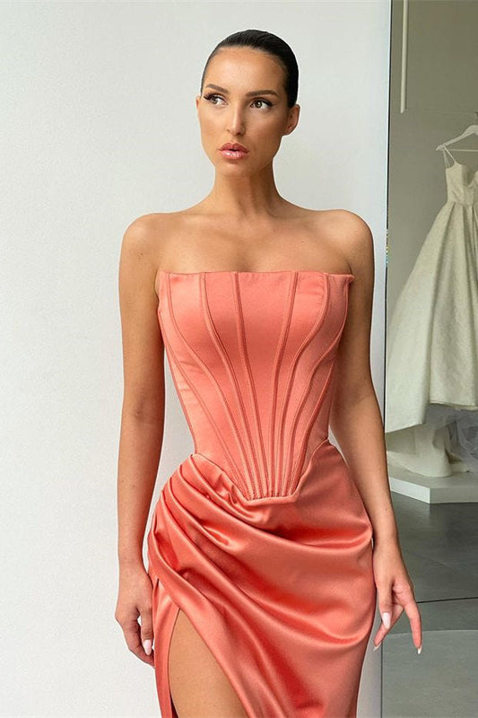 Orange High Split Strapless Pleats Prom Dress With Court Train