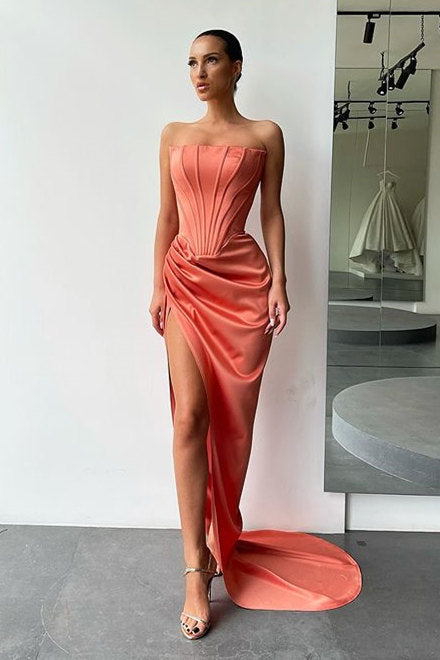 Orange High Split Strapless Pleats Prom Dress With Court Train