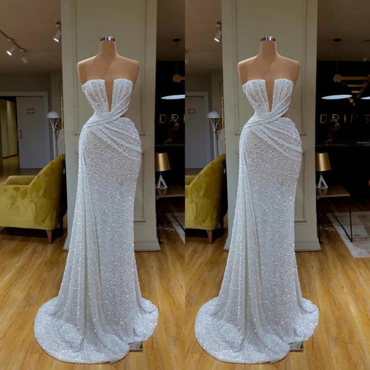 Plunging V Neck Sparkle White Sequined Strapless Prom Dress