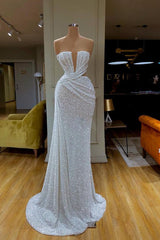 Plunging V Neck Sparkle White Sequined Strapless Prom Dress