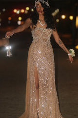 Beaded Evening Dress Strapless Sheath Wedding Party Dress with Panel Train