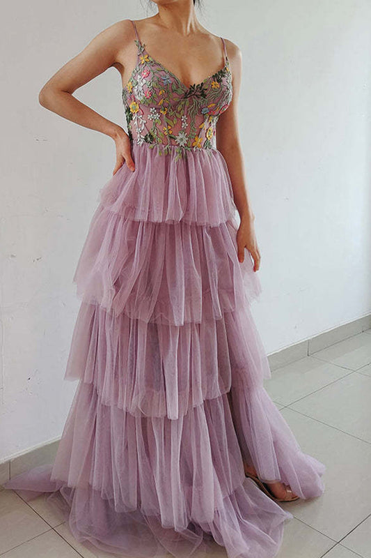 Lilac A-Line Corset Tiered Long Prom Dress With Appliques