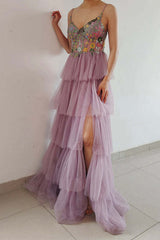 Lilac A-Line Corset Tiered Long Prom Dress With Appliques