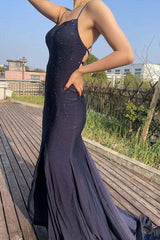 Navy Spaghetti Straps Backless Beaded Mermaid Prom Dress with Split