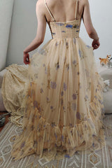 Yellow A-Line Halter Tulle Tiered Prom Dress With Flowers