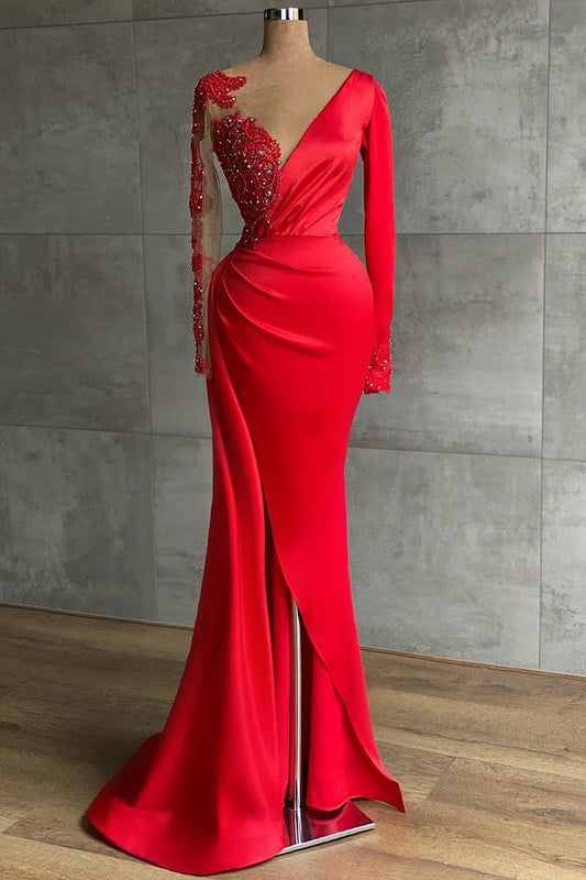 Red Long Sleeve V Neck Mermaid Prom Dress With Beadings