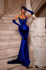 Royal Blue Long Velvet Beading Sleeveless Mermaid Prom Dress