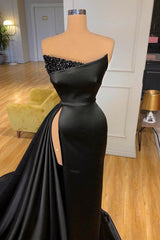 Black Long Prom Dress With Split Beadings Evening Gowns