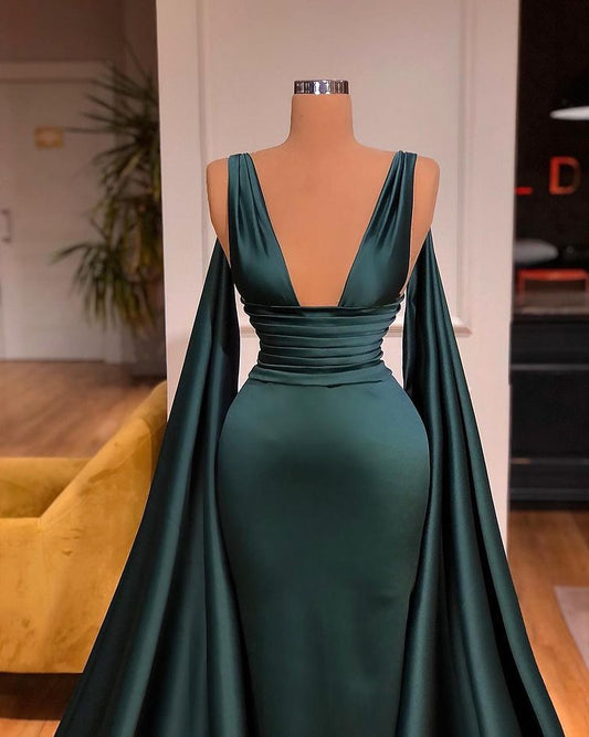 Deep V Neck Sleeveless Long Evening Gowns Mermaid Prom Dress With Ruffles