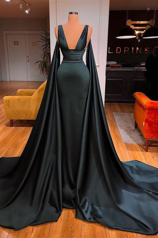 Deep V Neck Sleeveless Long Evening Gowns Mermaid Prom Dress With Ruffles