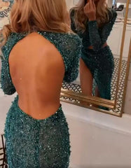 Green Long Sleeve Slit Prom Dress Long Sequins Beadings