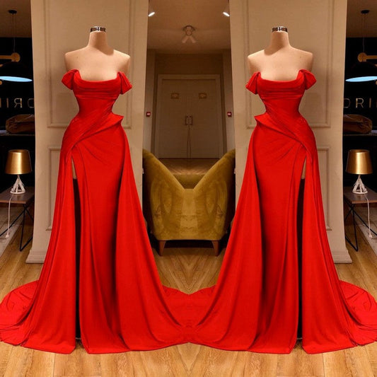 Red Off The Shoulder Long Prom Dress With Split